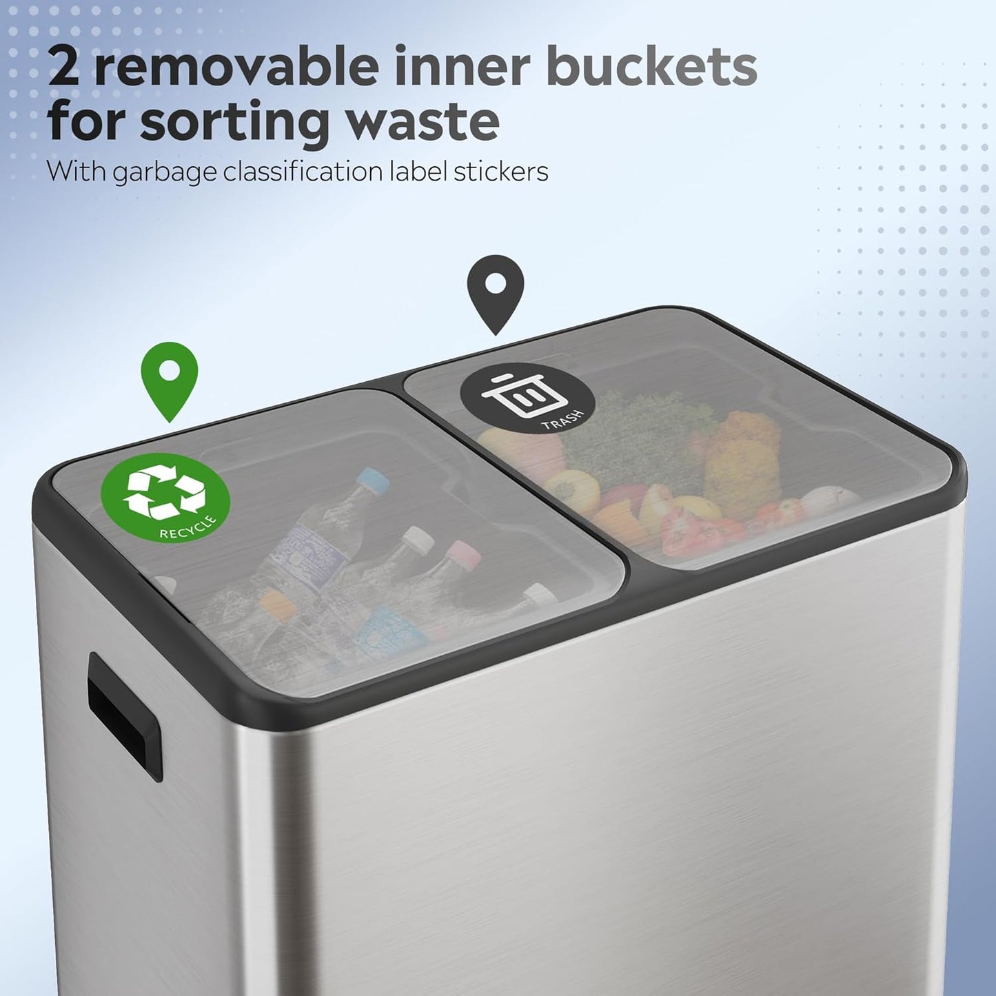 WLIVE 2 x 8 Gallon / 2 x 30 Liter Dual Trash Can, Stainless Steel Double Compartment Classified Kitchen Trash Can, with Plastic Inner Buckets, Handles, Soft-Close Lid, Deodorizing Filter Box, Silver.