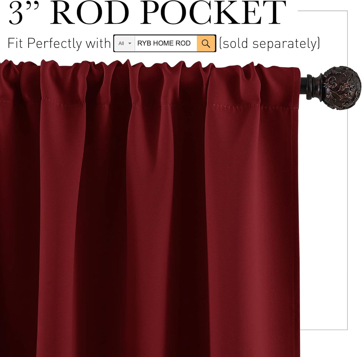 RYB HOME Small Curtains for Kitchen Window - Blackout Privacy Portable Curtain Set for Bedroom Office Bathroom Basement Garage Storage Enclosure RV Bunk, W 34 x L 30, Burgundy Red, 2 Pcs