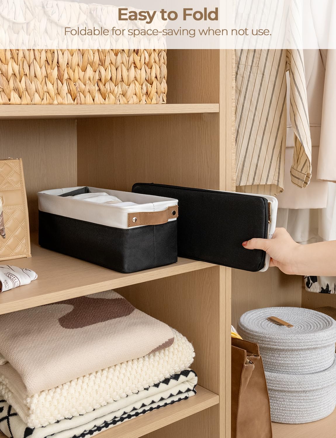 StorageWorks Narrow Storage Bins, Small Basket for Closet and Shelves, Fabric Organizer with Handles, Toilet Paper Storage, Black and White, 2-Pack