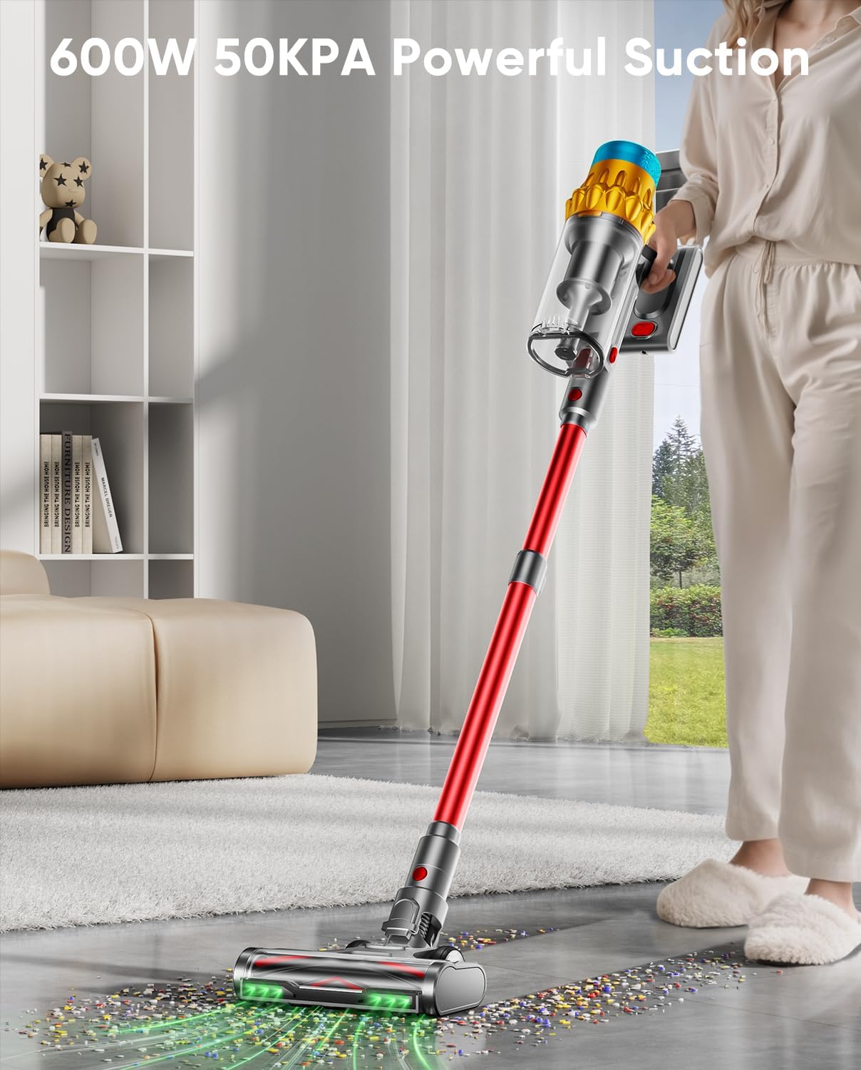 Cordless Vacuum Cleaner, 600W/50KPA, Max 70 Mins Runtime, Self-Standing Vacuum Cleaners for Home, Anti-Tangle Stick Vacuum, Smart Display Vacuum Cordless with 1.8L Cup for Pet Hair/Carpet (Red)