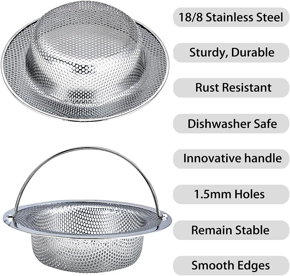 Kitchen Sink Strainer, 2-Pack Sink Strainer Basket with Handle, 4.5" Diameter, Stainless Steel, Rust Free and Dishwasher Safe