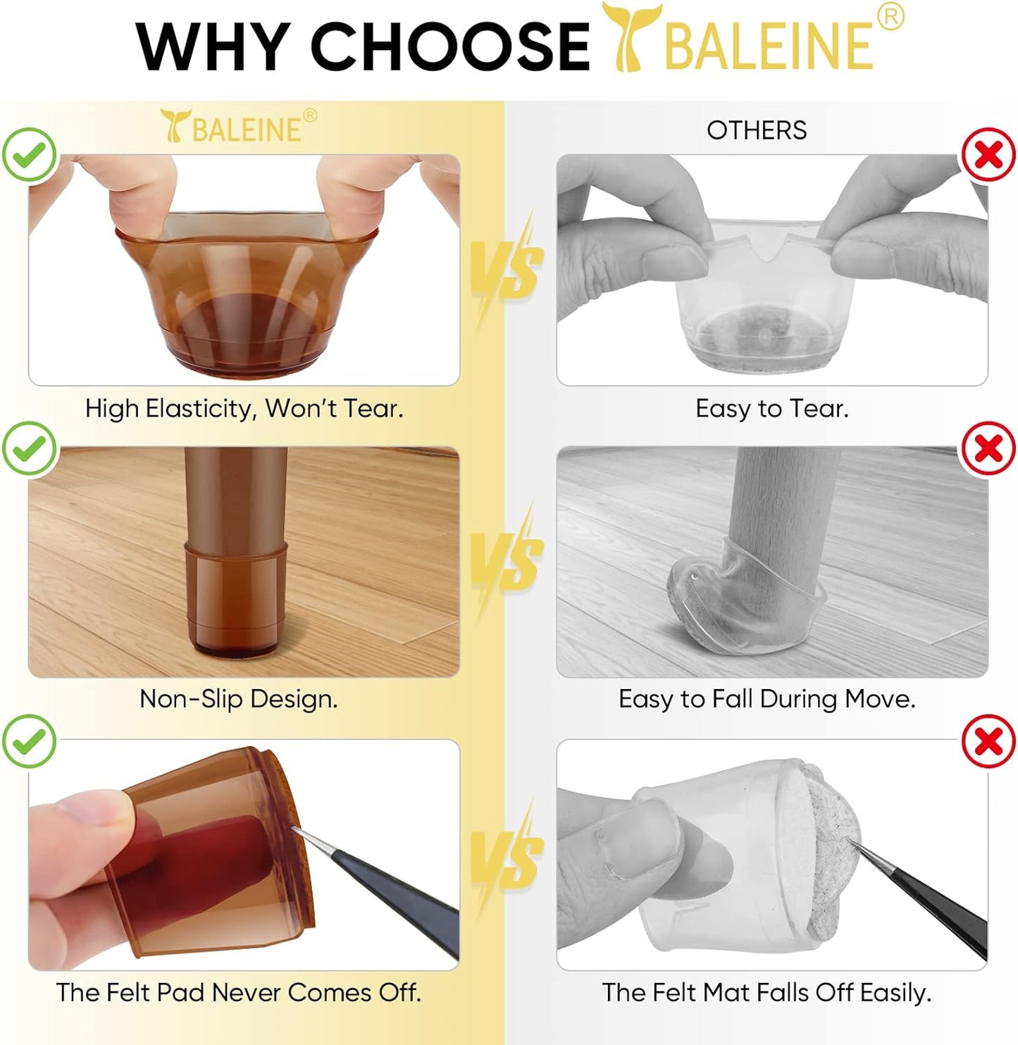 BALEINE 32 Pack Silicone Chair Leg Floor Protectors, Stool Leg Protectors Cap, Non-Slip Chair Leg Caps for Hardwood Floors (Brown & Large, 32 Pack)