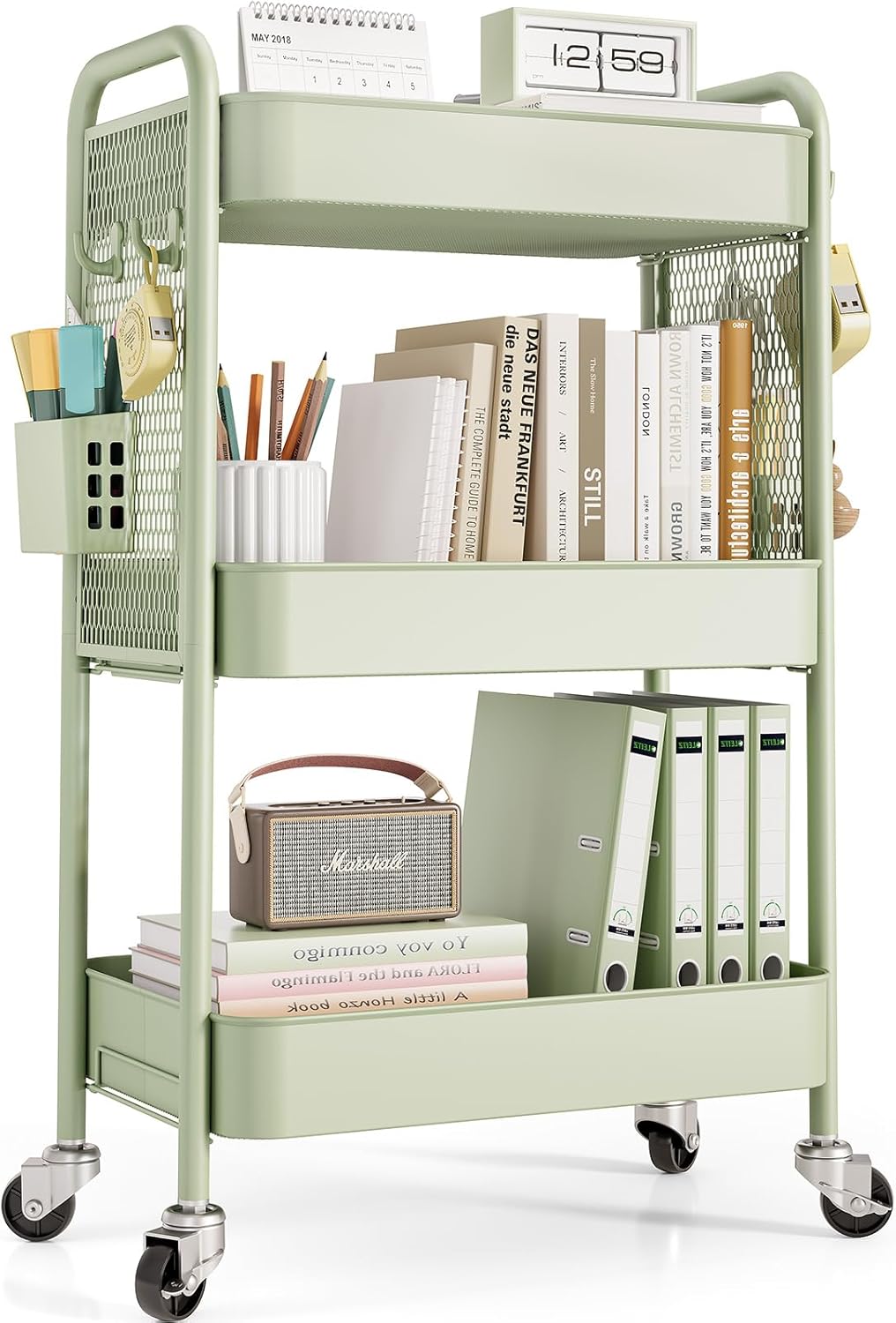 TOOLF 3 Tier Rolling Cart Storage Organizer, Metal Rolling Utility Cart with Wheels, Hooks & Bins Esthetician Craft Art Sturdy Storage with Pegboard for Bathroom, Kitchen, Office, Nursery Diaper