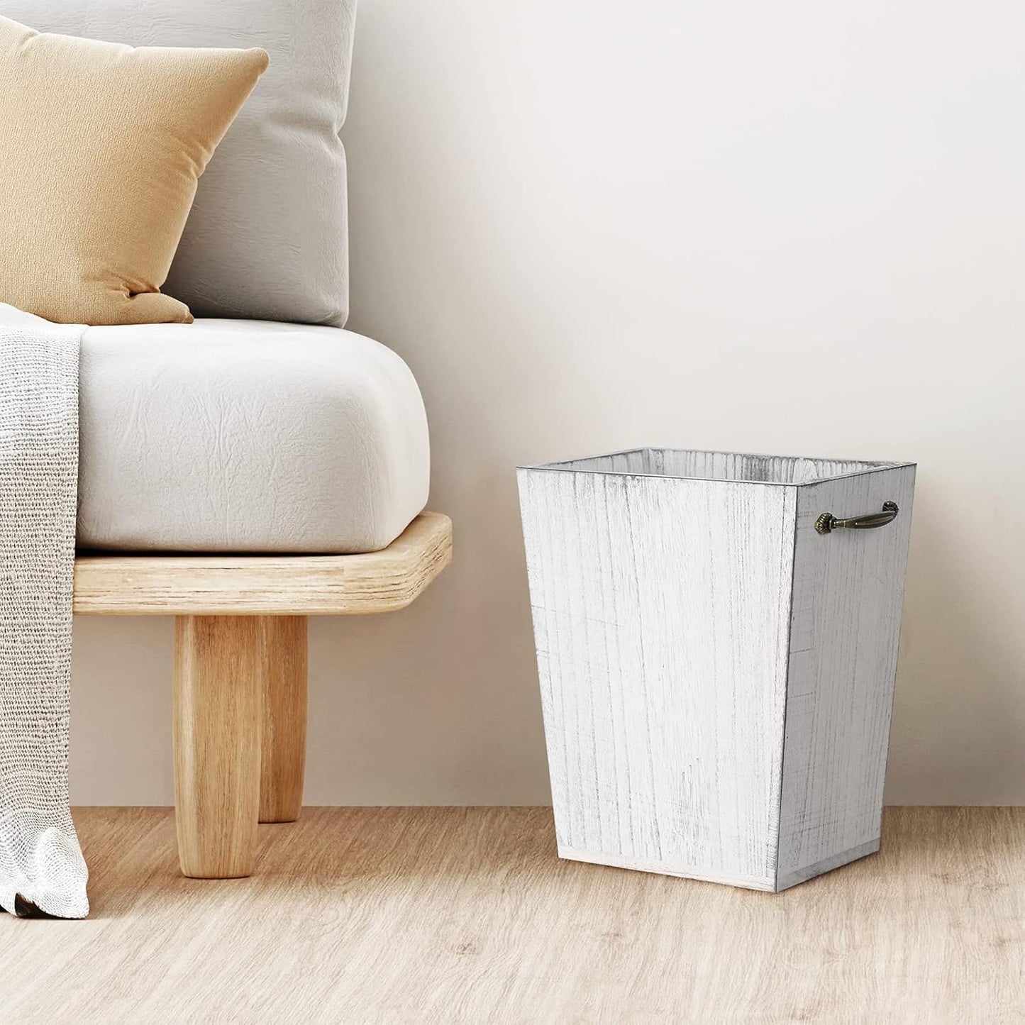 Wood Wastebasket Trash Can Rustic Farmhouse Square Garbage Container Bin with Decorative Metal Handle for Bedroom, Living Room, Bathroom & Office