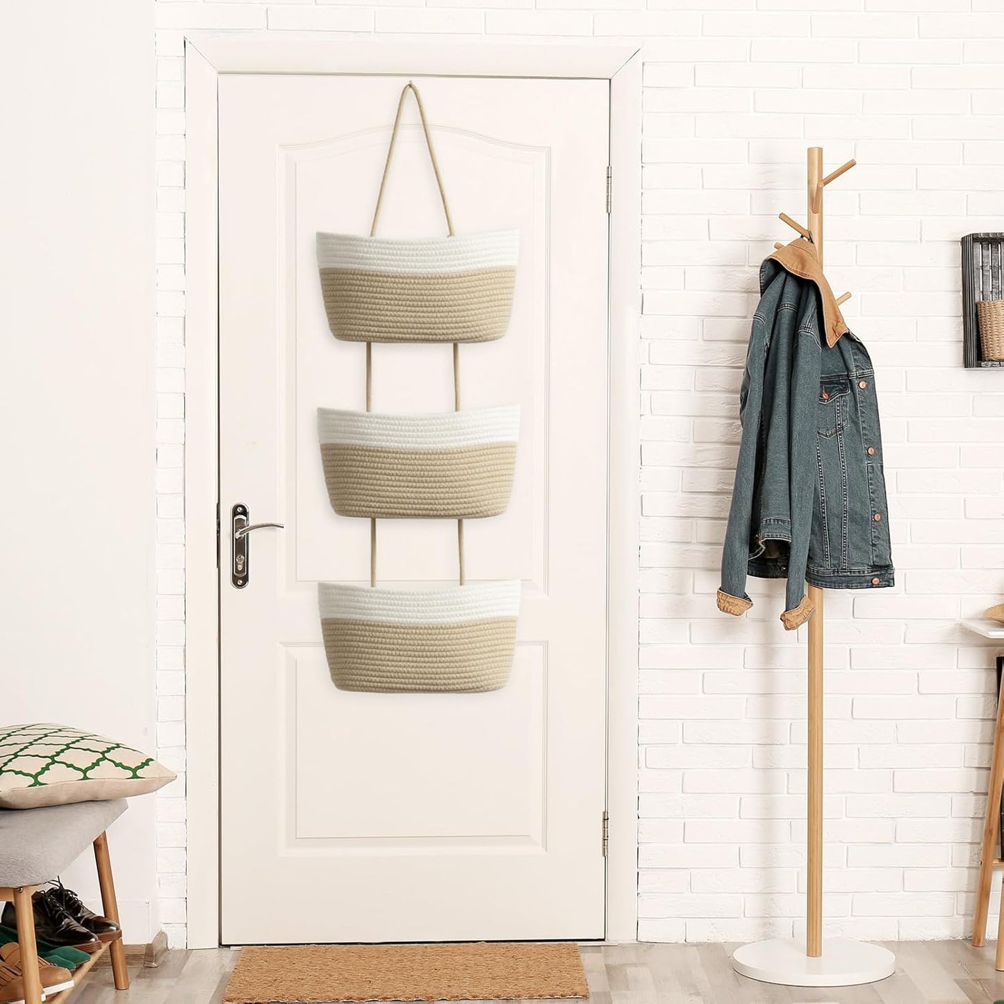 TeoKJ Over the Door Hanging Basket, 3-Tier Woven Cotton Wall-Mounted Storage Organizer Bag Decorative Hanging Kitchen Baskets - White + Jute