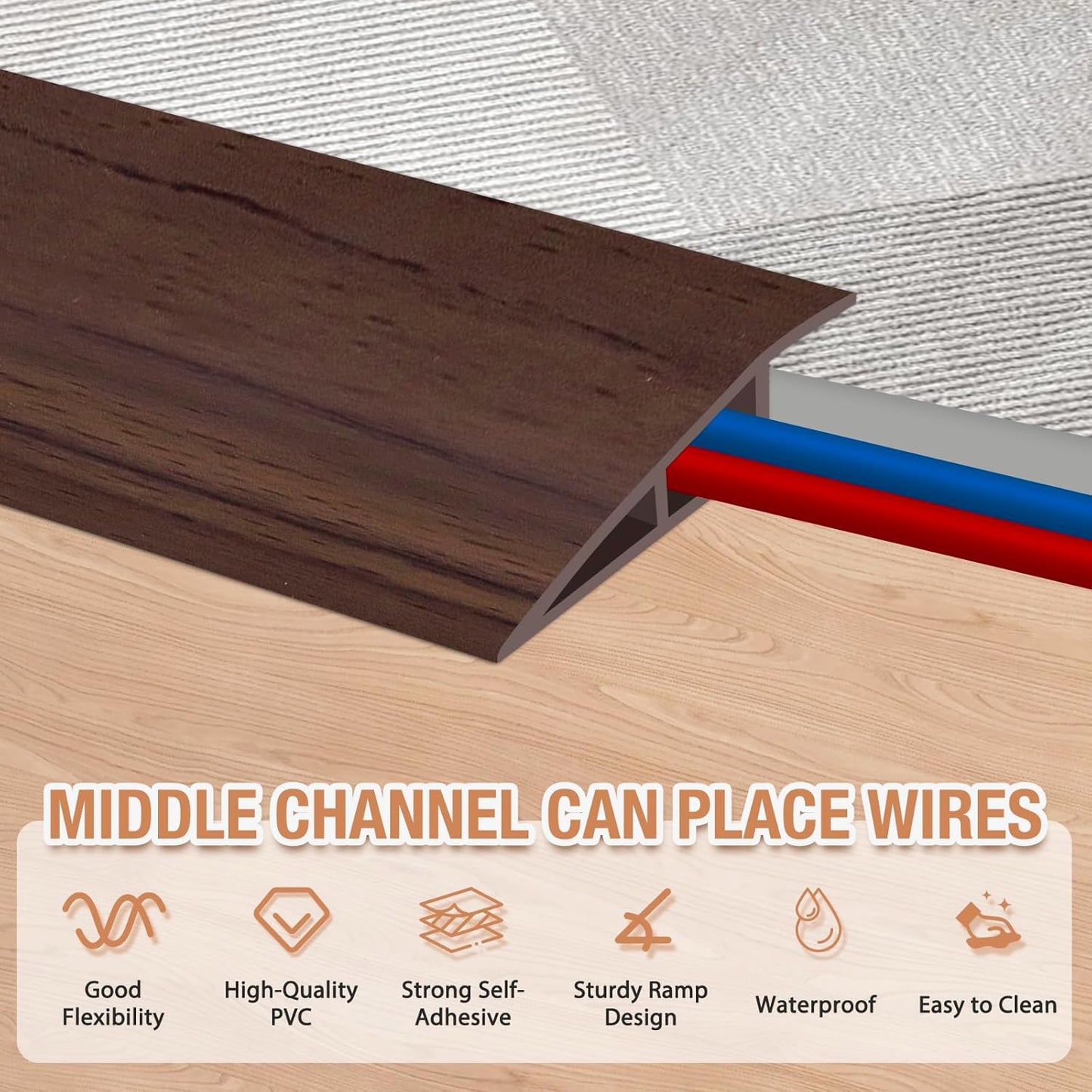 Floor Transition Strip Self Adhesive Vinyl Door Threshold for Doorways Carpet Edging Trim Overlap Edge Reducer for Laminate Floor, Carpet, Tile (Deep Brown Wood Grain, 3/5" to 4/5", 10Ft)