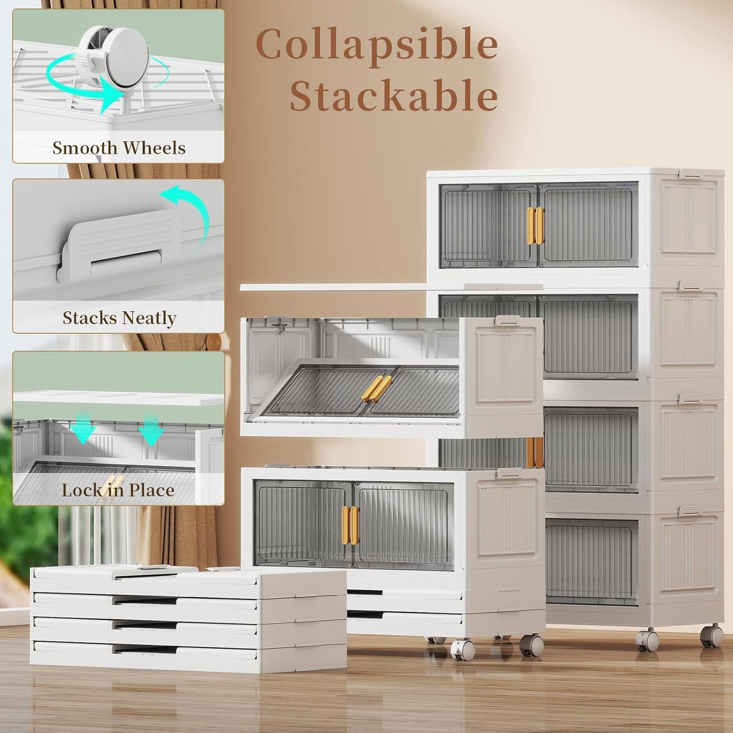 80Gal Stackable Plastic Storage Bins with Lids, Collapsible Closet Organizers and Storage with Wheels for Living Room,Office,Dorm 26.8" W x 14.4" D x 48.6" H, 4 Tier