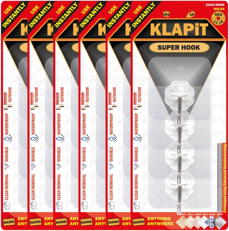 KLAPiT Super Hook - Heavy-Duty Adhesive Wall Hooks, Holds Up to 11 lbs, Waterproof, No Damage, Easy Install on Tile, Wood, Stone, Glass & Metal - Made of Steel (Clear, 24pc)
