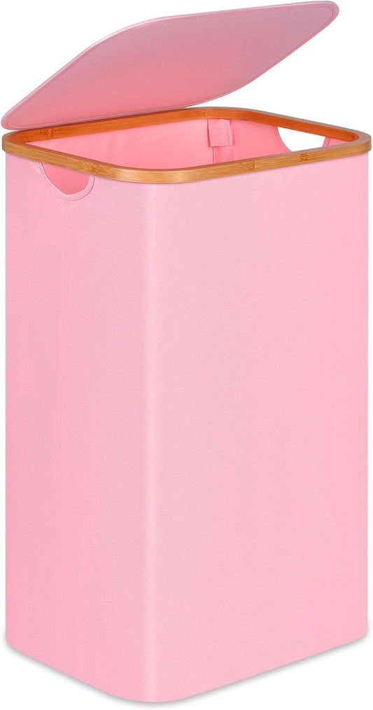 100L Laundry Hamper with Lid, Lagre Basket with Bamboo Handles,Foldable Clothes Hamper Tall Dirty Laundry Basket for Clothes Toys Towels Organizing,Pink