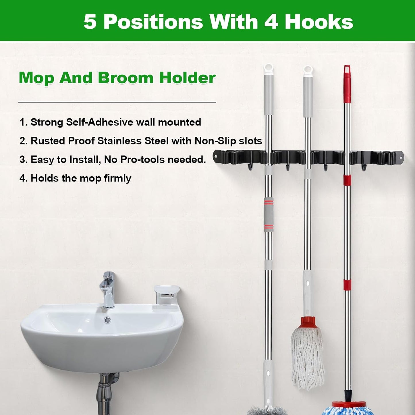 voze 5 Racks and 4 Hooks Mop and Broom Holder Wall Mount, Self Adhesive Heavy Duty Broom Hanger Organizer Storage Tool Racks for Kitchen Garden Laundry Garage Black