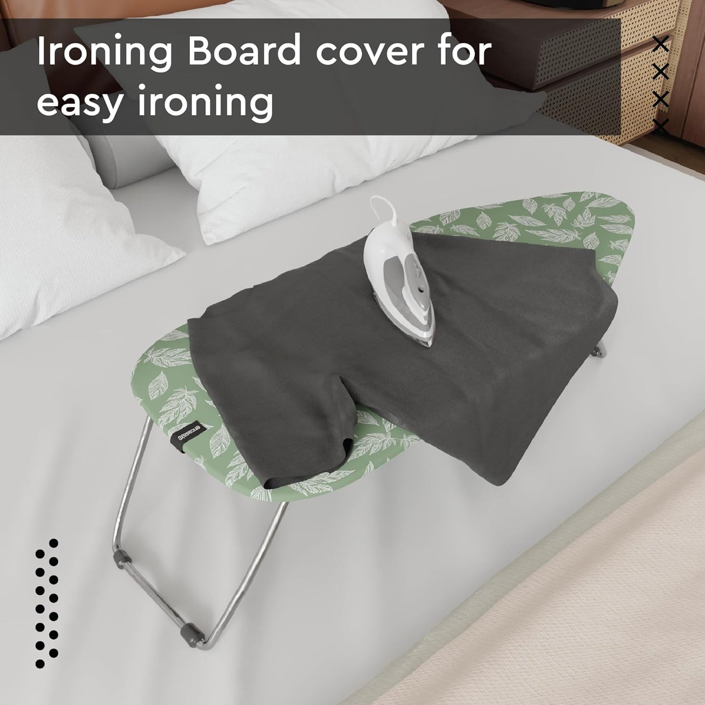Encasa XO Ironing Board Cover and Pad 28"x12" - Thick 3mm Felt Padding, Drawstring Tightening & Lock, Easy Fit, Scorch & Stain Resistant, Fits Mini Ironing Board - Big Leaves Green