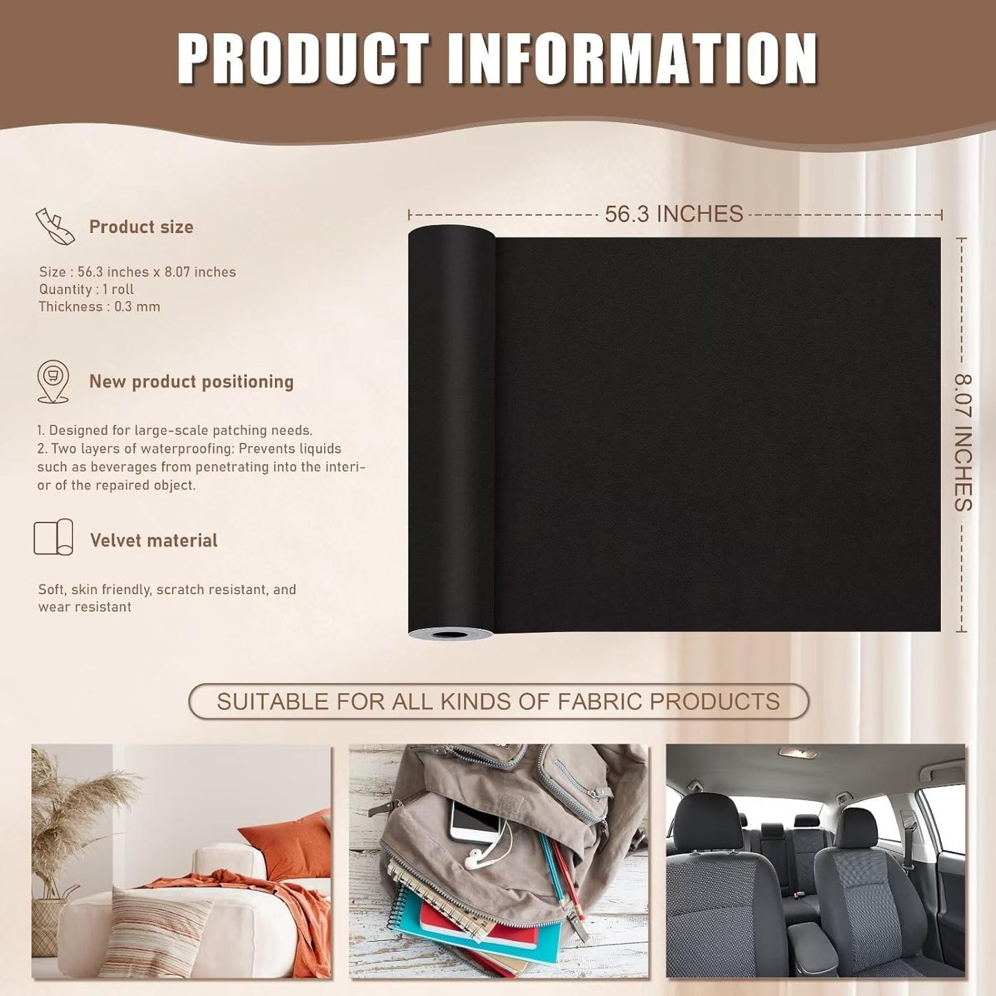 Azobur Couch Patches, Extra-Large Durable Fabric Tape, Ideal for Automotive Upholstery Repair, Waterproof, Self-Adhesive, Quickly Fix Sofas, Car Interiors, and Other Fabric Items (Black)