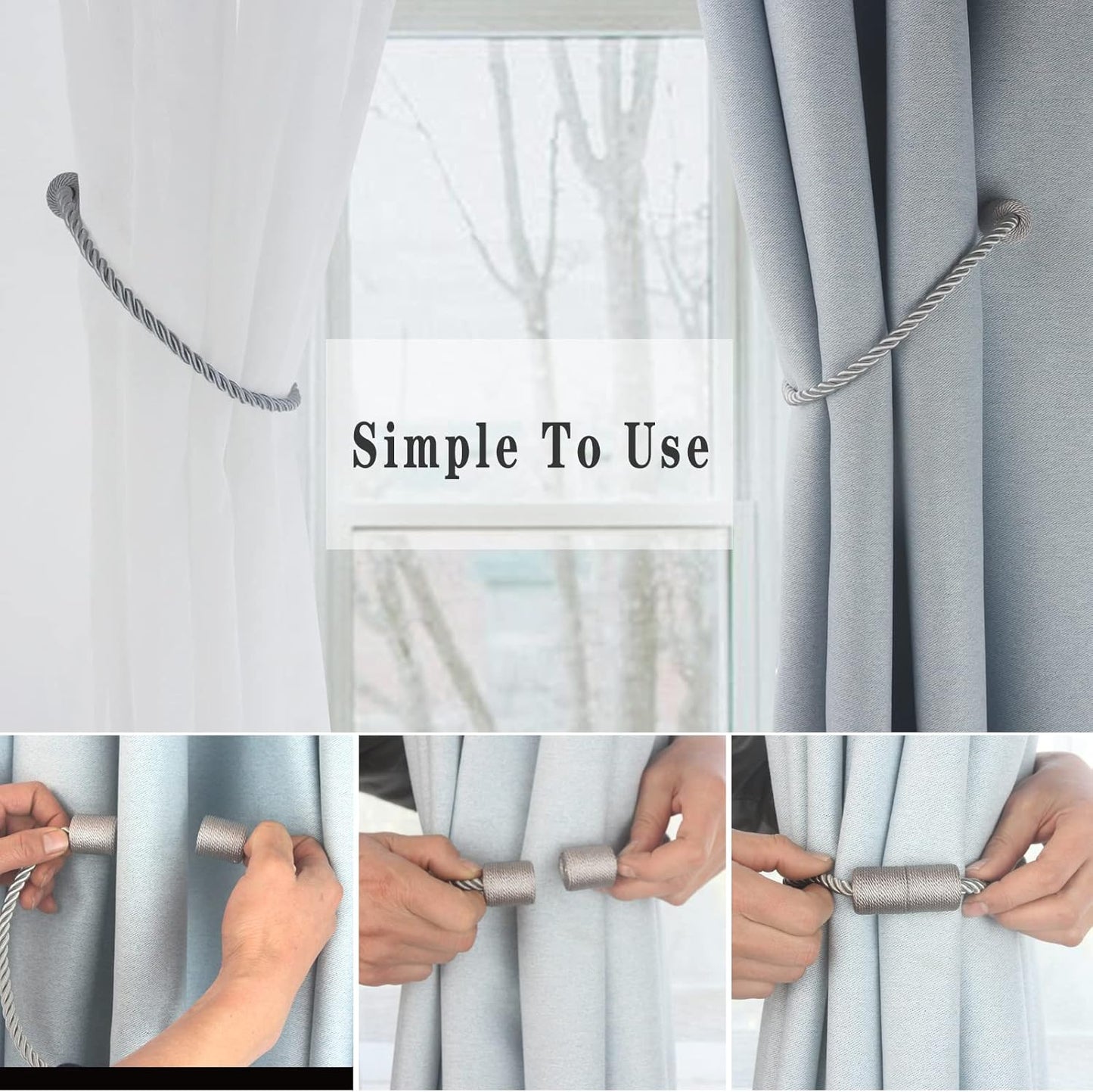 Magnetic Curtain Tiebacks 2 Pack Grey Curtain Rope Tieback Curtain Holders for Drapes Modern Tie Backs Decorative Curtain Holdbacks