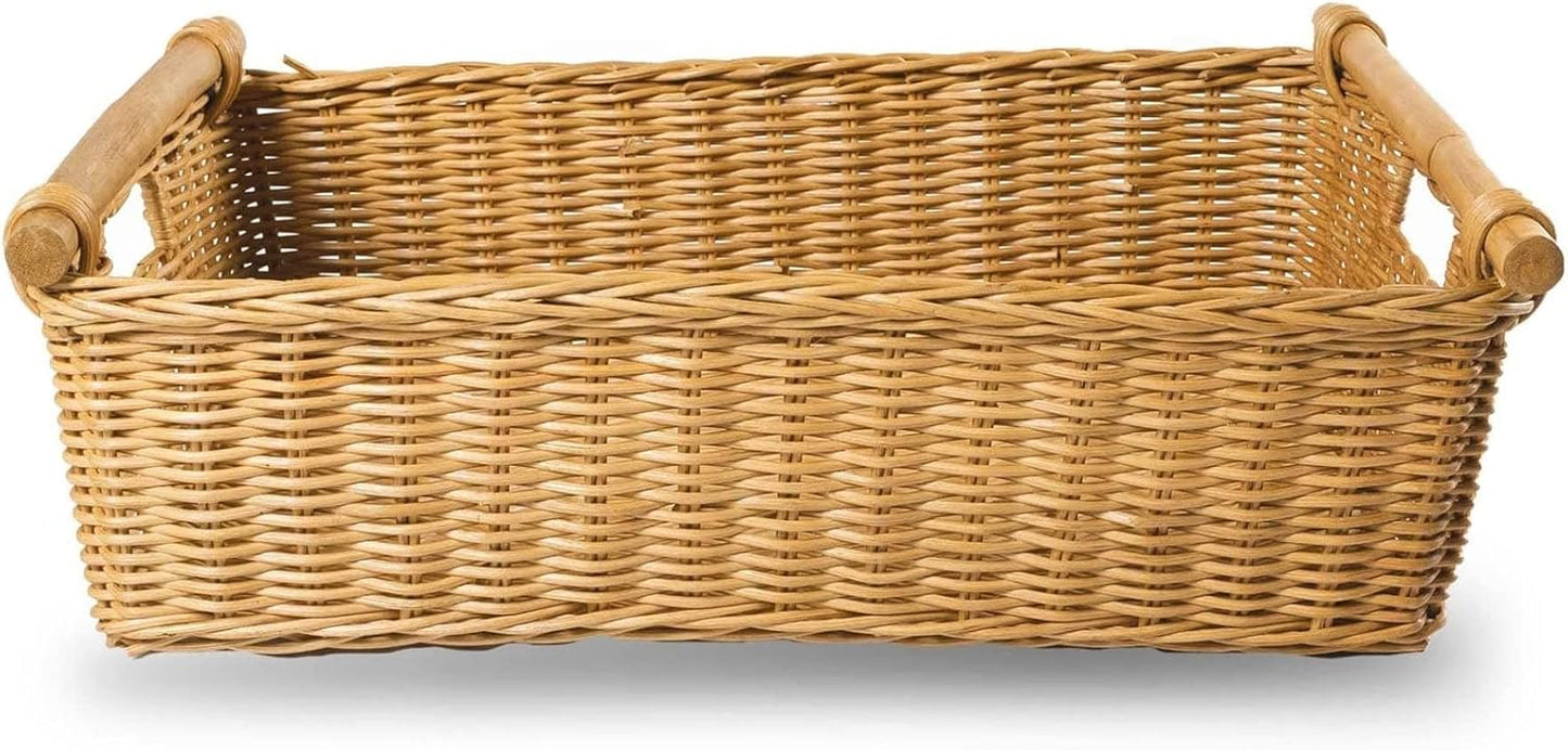 The Basket Lady Low Pole Handle Wicker Storage Basket, Large, 19.5 in L x 12.5 in W x 6 in H, Sandstone