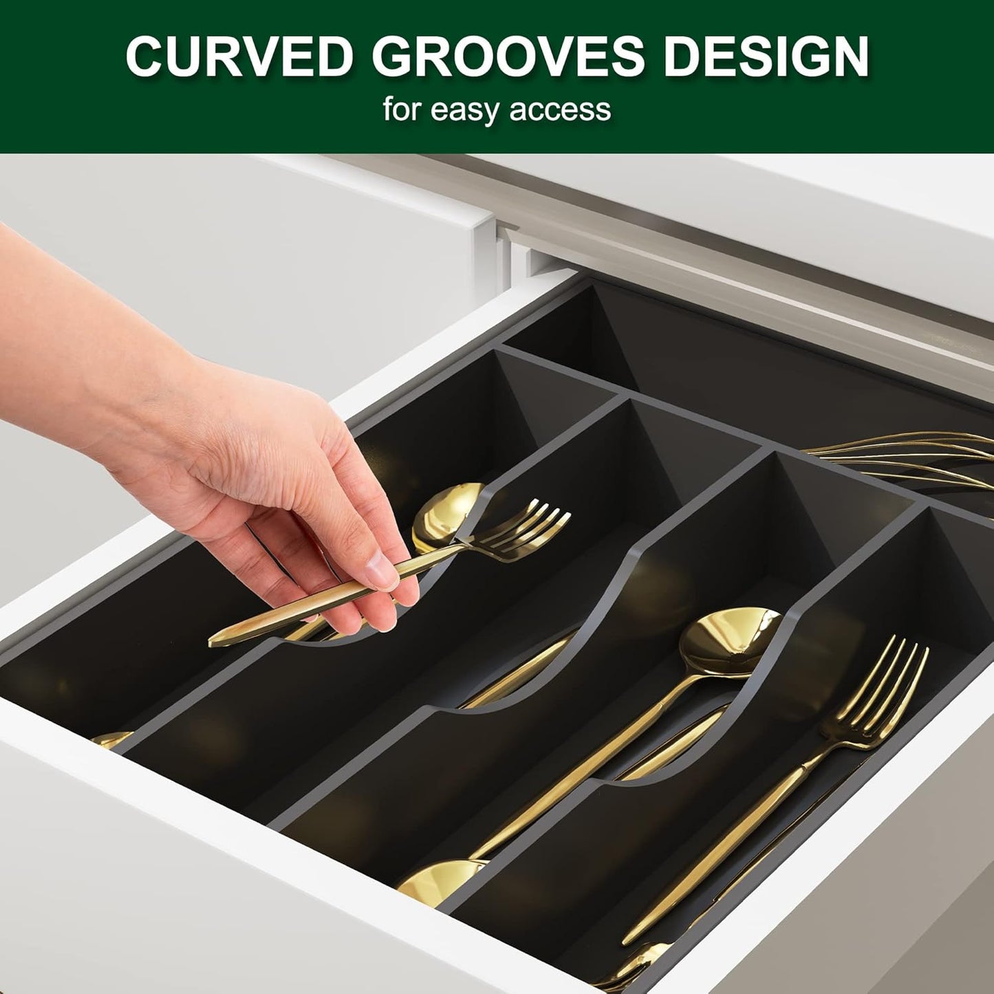 Bellsal Black Utensil Organizer 10 Inch Silverware Tray for Utensil Holder Cutlery Organizer Kitchen Drawer Organizer 5 Compartment Small Narrow Bamboo