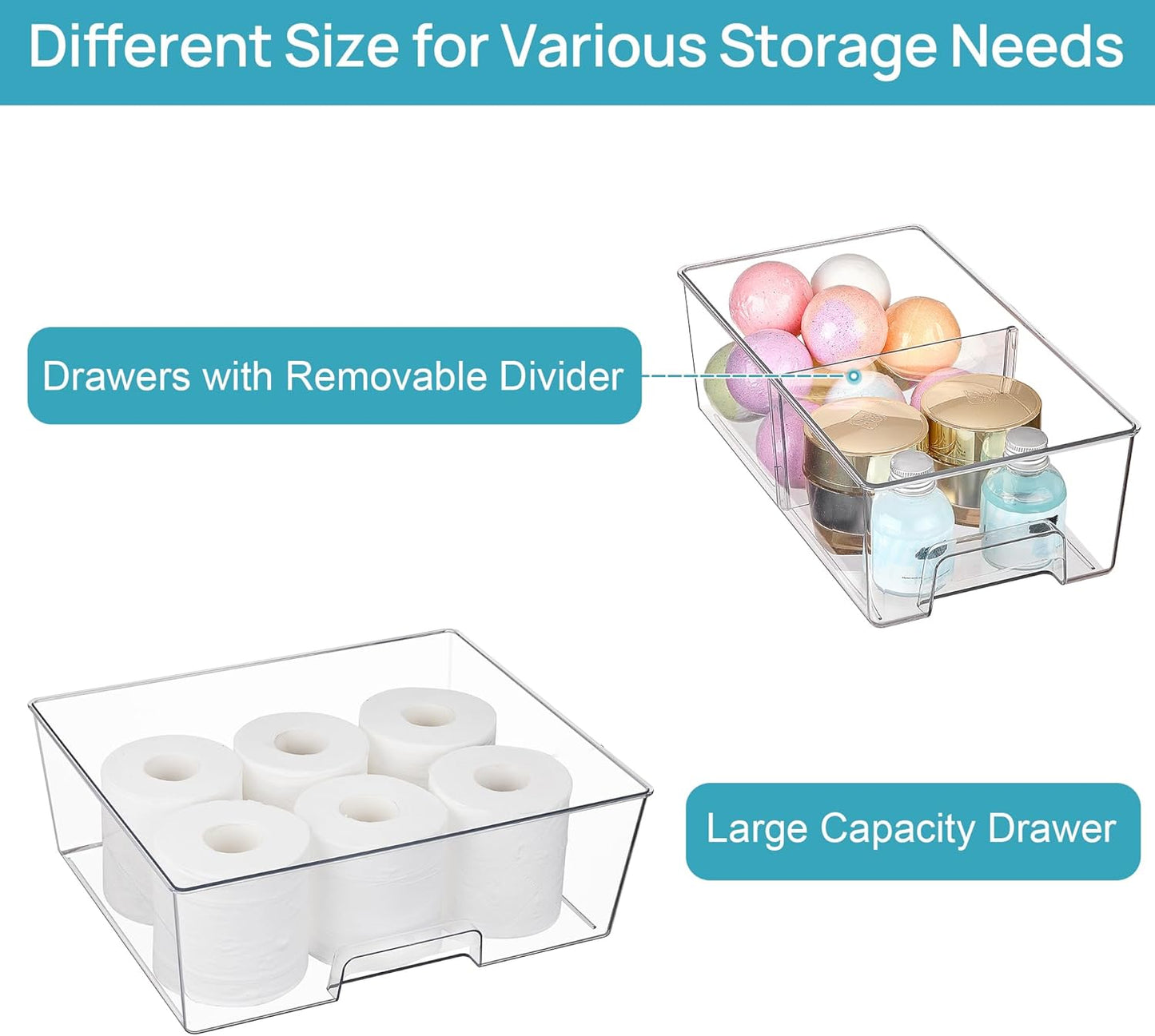 Vtopmart Clear Stackable Storage Drawers Set of 6, Easily Assemble Acrylic Bathroom Undersink Organizers,Plastic Storage Bins for Closet,Cabinet,Pantry,Medicine Organization