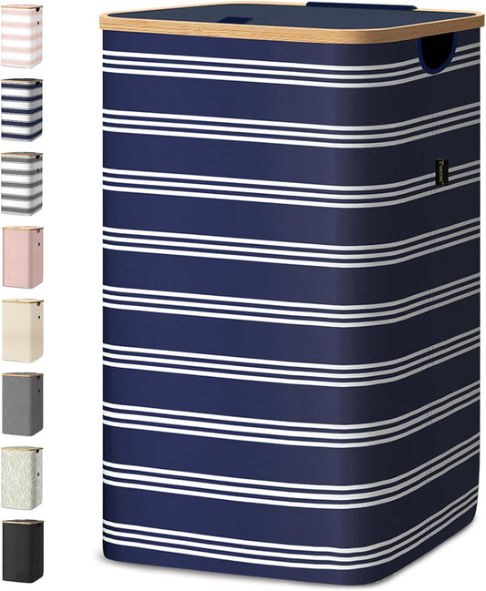 BALEINE Laundry Hamper with Lid, Tall Laundry Baskets with Bamboo Pull Handles, Large Laundry Bin with Internal Support (18 Gal/70L, Blue Pinstripe)