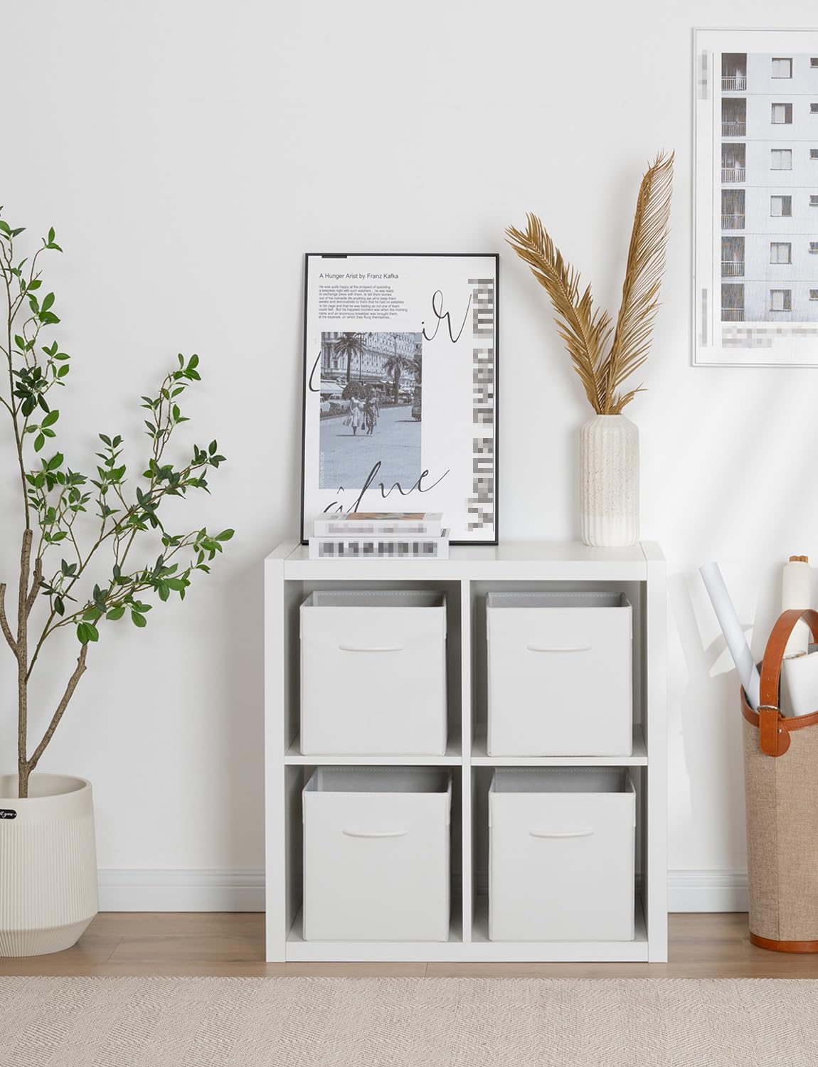 StorageWorks White Storage Cubes, 11-inch Leather Bins with Handle, Cube Organizer Baskets for Shelves and Closet, Collapsible Storage Bins, 4-Pack