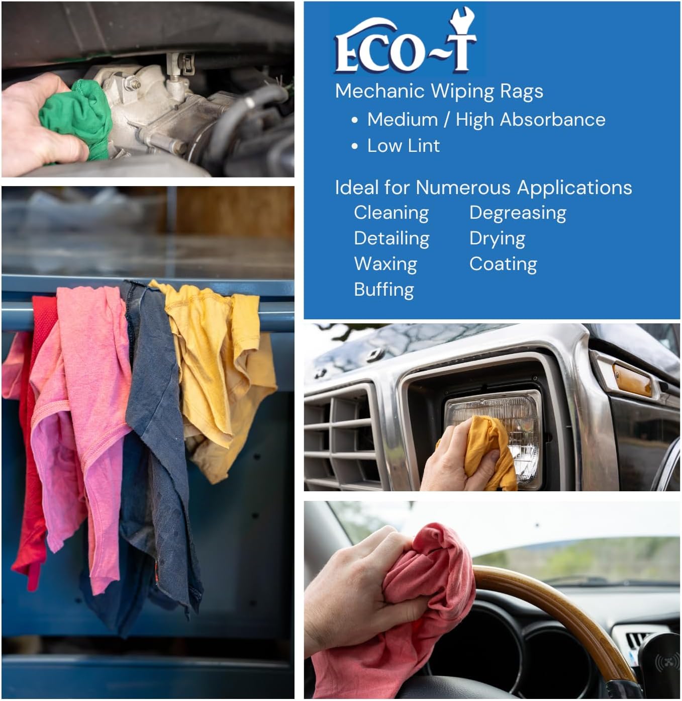 1 Lb Bag Eco-T Mechanic Shop Rags - Colored T-Shirt Material, 100% Recycled, Eco-Friendly, High Absorbency, Low Lint, Low-Cost, Industrial Use Wiping Cloth