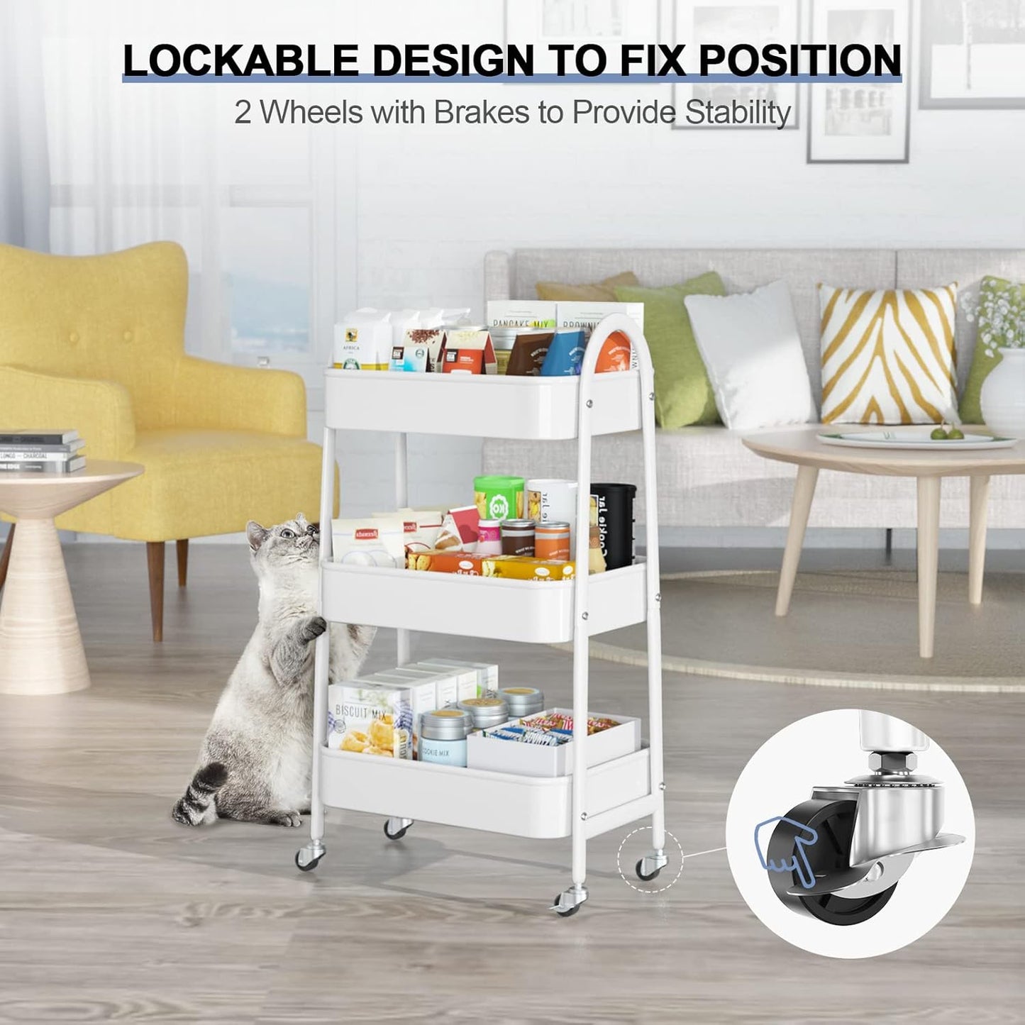 EAGMAK 3 Tier Utility Rolling Cart, Metal Storage Cart with Handle and Lockable Wheels, Multifunctional Storage Organizer Trolley with Mesh Baskets for Kitchen, Living Room, Office, Garage (White)