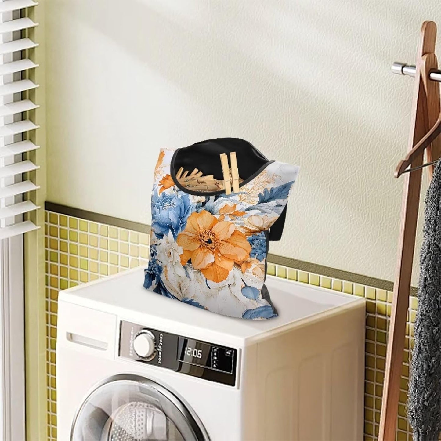 Art Flowers Clothespin Bag with Hanging Hook Summer Laundry Clothes Pin Holders Waterproof Clothes Pin Hanging Bag Clothespin Storage Organizer with Large Opening