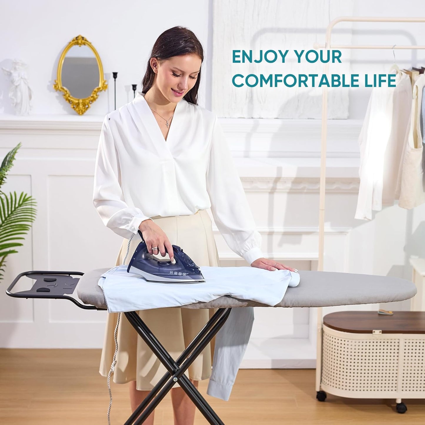 Ironing Board 13" X 43" W/Height Adjustable,Safety Iron Rest,Extra Heavy Cover,Heat & Scorch Resistant Fabric, Anti-Skid Feet,Easy to Fold Gray