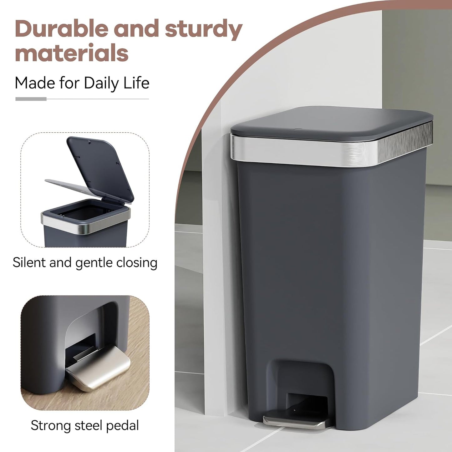 Small Bathroom Trash Can with Lid Soft Close, 10 Liter/2.6 Gallon Slim Garbage Can-Metal Step and Press top Lid, Mini Modern Waste Basket for Toilet, Office, Bedroom,Dorm,Dark Gray