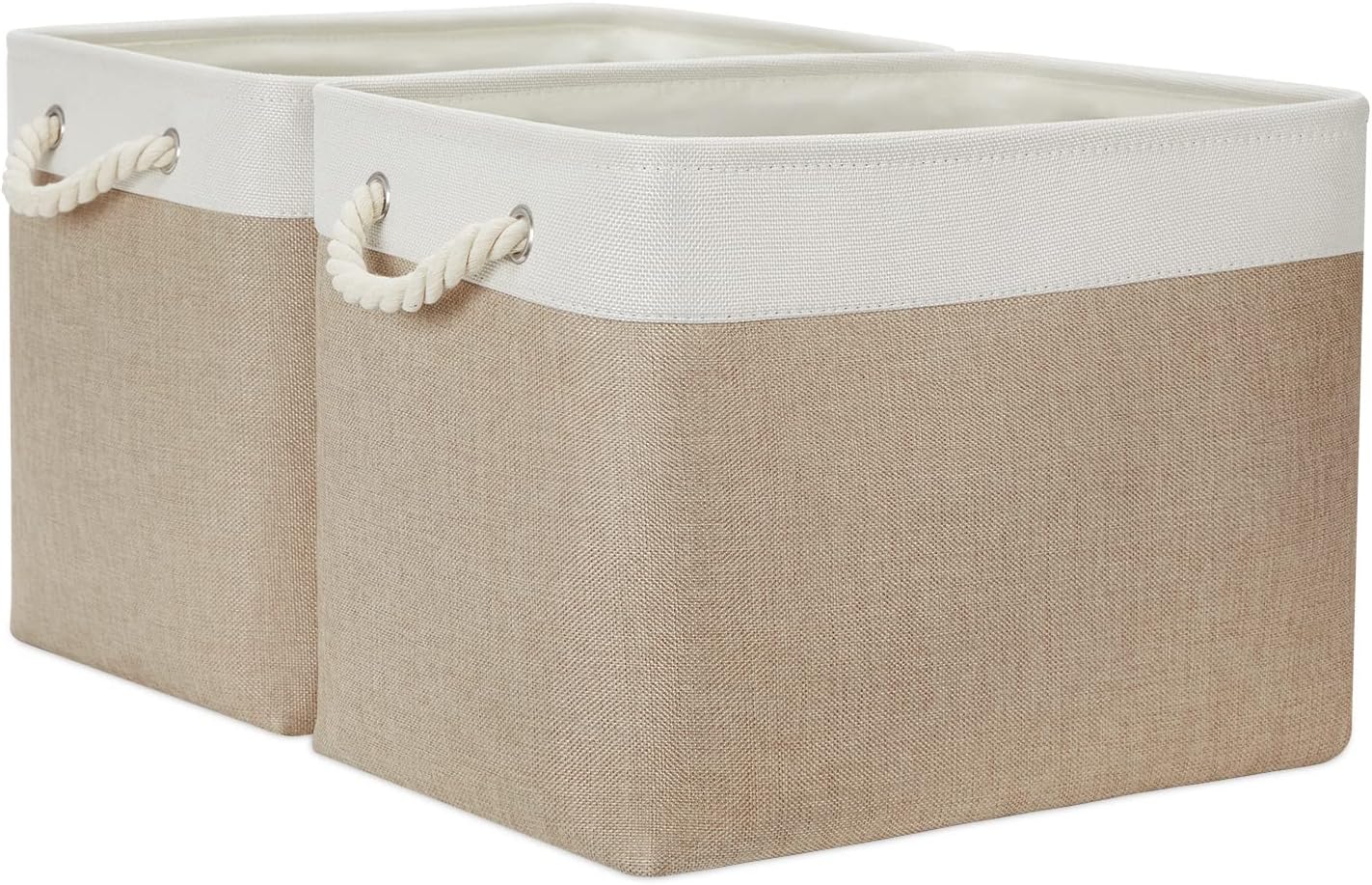 Temary Fabric Storage Baskets 2 Pack Decorative Storage Bins Basket for Gifts Empty Shelf Baskets with Handles for Organizing Home Closet, Towels (White&Khaki,16Lx12Wx12H Inches)