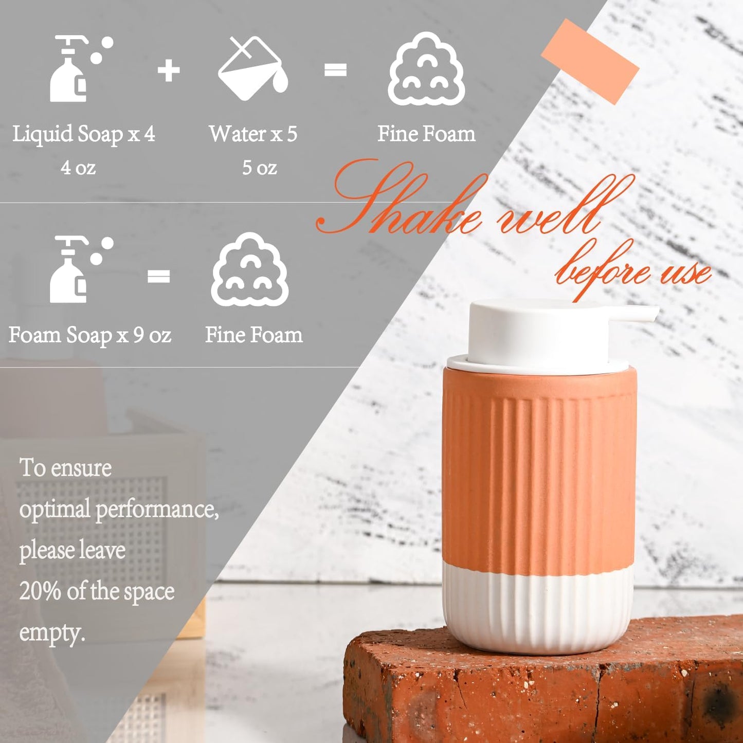 Hand Dipped Terracotta Ceramic Foam Soap Dispenser, 12 oz Rippled Bubble-Up Bottle with White Silicone Pump, Refillable Orange Hand Soap Dispenser for Bathroom