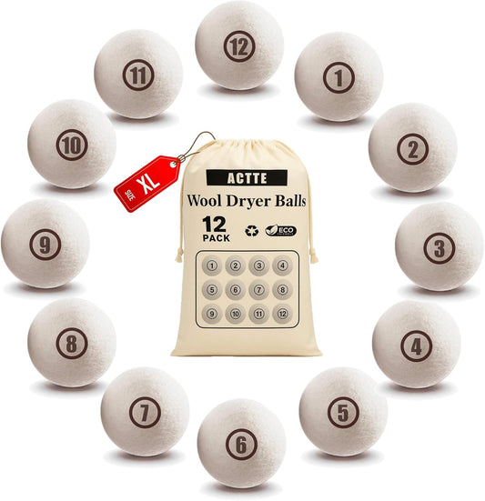 Sheep Wool Dryer Balls 12 Pack XL(2.7") Premium Natural Fabric Softener, Reusable Laundry Dryer Balls for Reducing Drying Time, Static and Wrinkles, Eco-Friendly – 100% New Zealand Wool
