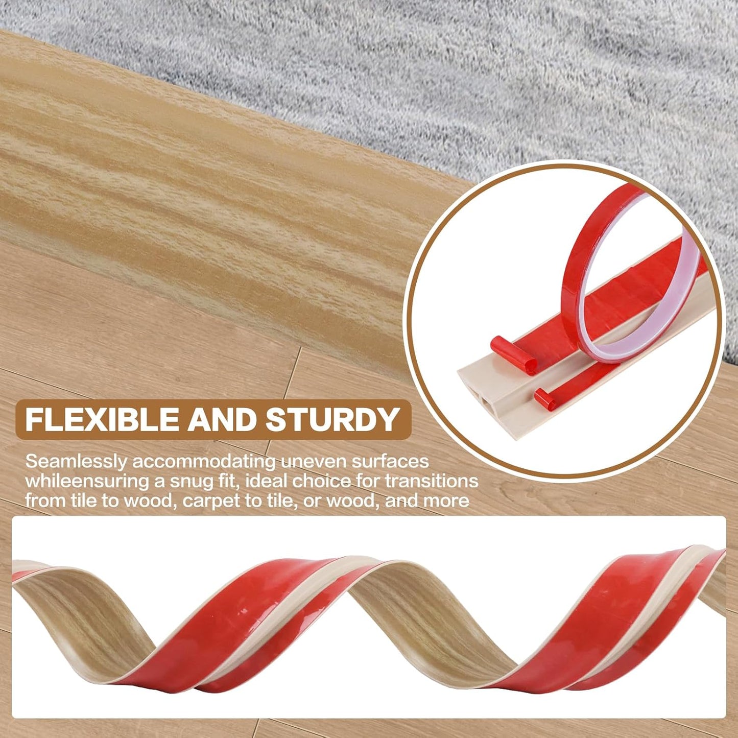 Floor Transition Strip Vinyl Door Threshold Ramp Self Adhesive Carpet Edging Strip Doorway Edge Trim, Overlap Edge Reducer for Laminate Carpet, Floor, Tile (Light Yellow Grain, 2/5" to 3/5", 6.6Ft)