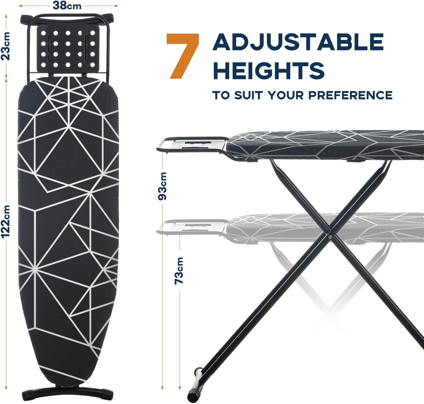 Ironing Board 43x13, Compact Iron Board Full Size with Heavy Duty Iron Rest, Thick Padded Cover, Adjustable Height, Sturdy Lightweight Steel Legs, Black