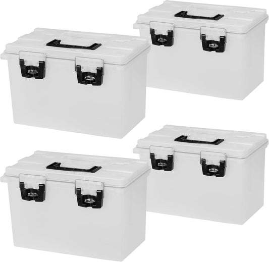 Sheffield 12767 XL Storage Bins With Lids, 4-Pack Stackable Storage Bins, Made in USA, Lockable and Water-Resistant Containers with Lids, Plastic Containers for Home, Classroom, and Dorm