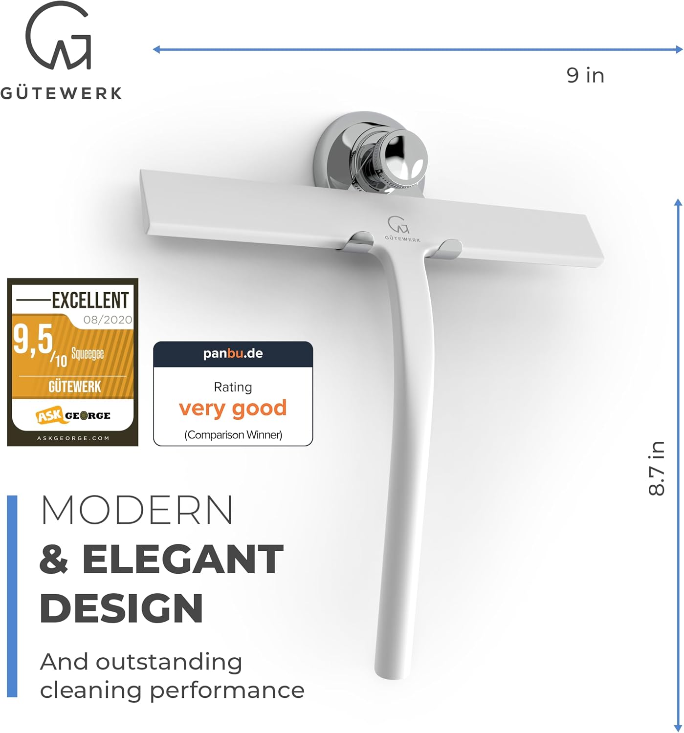 GÜTEWERK Shower Squeegee for Glass Doors, Silicone Window Squeegee, Bathroom and Glass Cleaning - White - 9 Inch