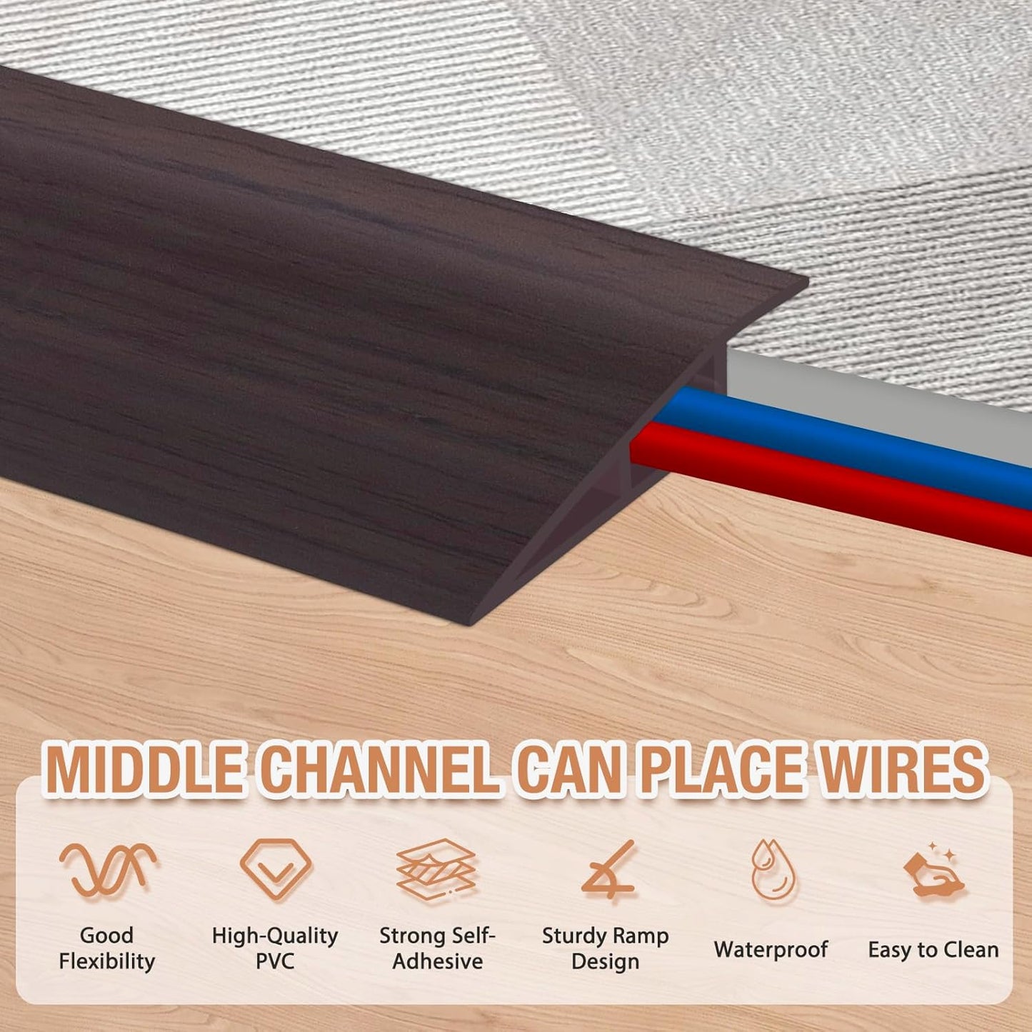 Floor Transition Strip Self Adhesive Vinyl Door Threshold for Doorways Carpet Edging Trim Overlap Edge Reducer for Laminate Floor, Carpet, Tile (Dark Walnut Grain, 2/5" to 3/5", 6.6Ft)