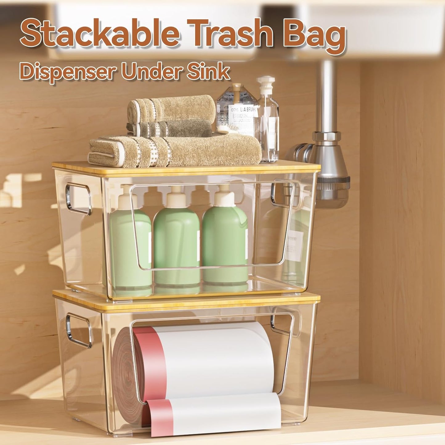 2 Pack Trash Bag Holder with Bamboo Lid, Stackable Trashbag Dispenser, Extra Large Garbage Bag Holder for Kitchen Laundry Room Under Sink Organization and Storage