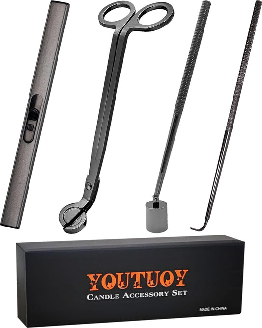 4 in1 Candle Accessory Set with Rechargeable Candle Lighter, Candle Wick Trimmer, Candle Wick Snuffer, Candle Wick Dipper, Candle Care Kit (Silver Black)