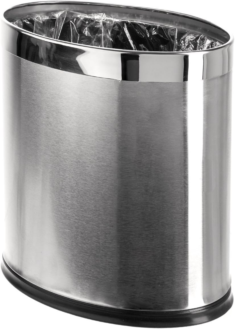 'Invisi-Overlap' Open Top Stainless Steel Trash Can, Small Office Wastebasket, Modern Home Décor, Oval Shape