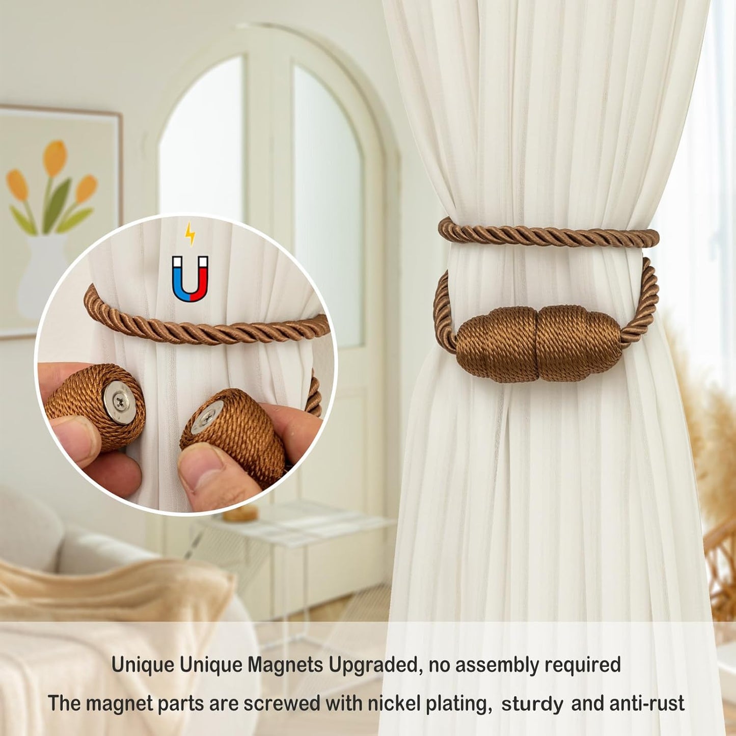 Magnetic Curtain Tiebacks Rope Curtain Tie Backs for Curtains 2 Pack Curtain Holders for Drapes Decorative Window Curtain Holdbacks, Khaki
