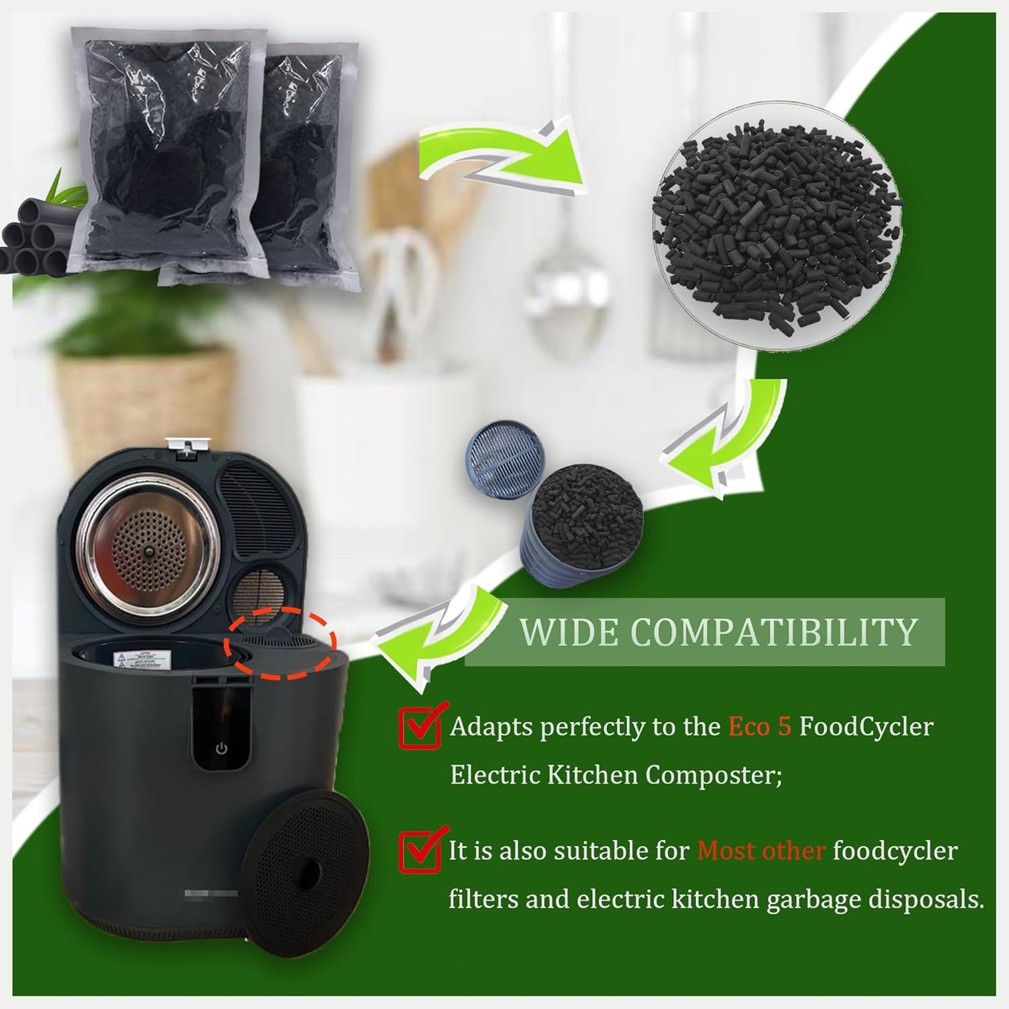 1.6 Pounds Activated Charcoal Filter Refill for FoodCycler Kitchen Waste Composters, Odor-Absorbing Replacement Carbon Compatible with Eco 5 FoodCycler Indoor Electric Composter(2PCS)