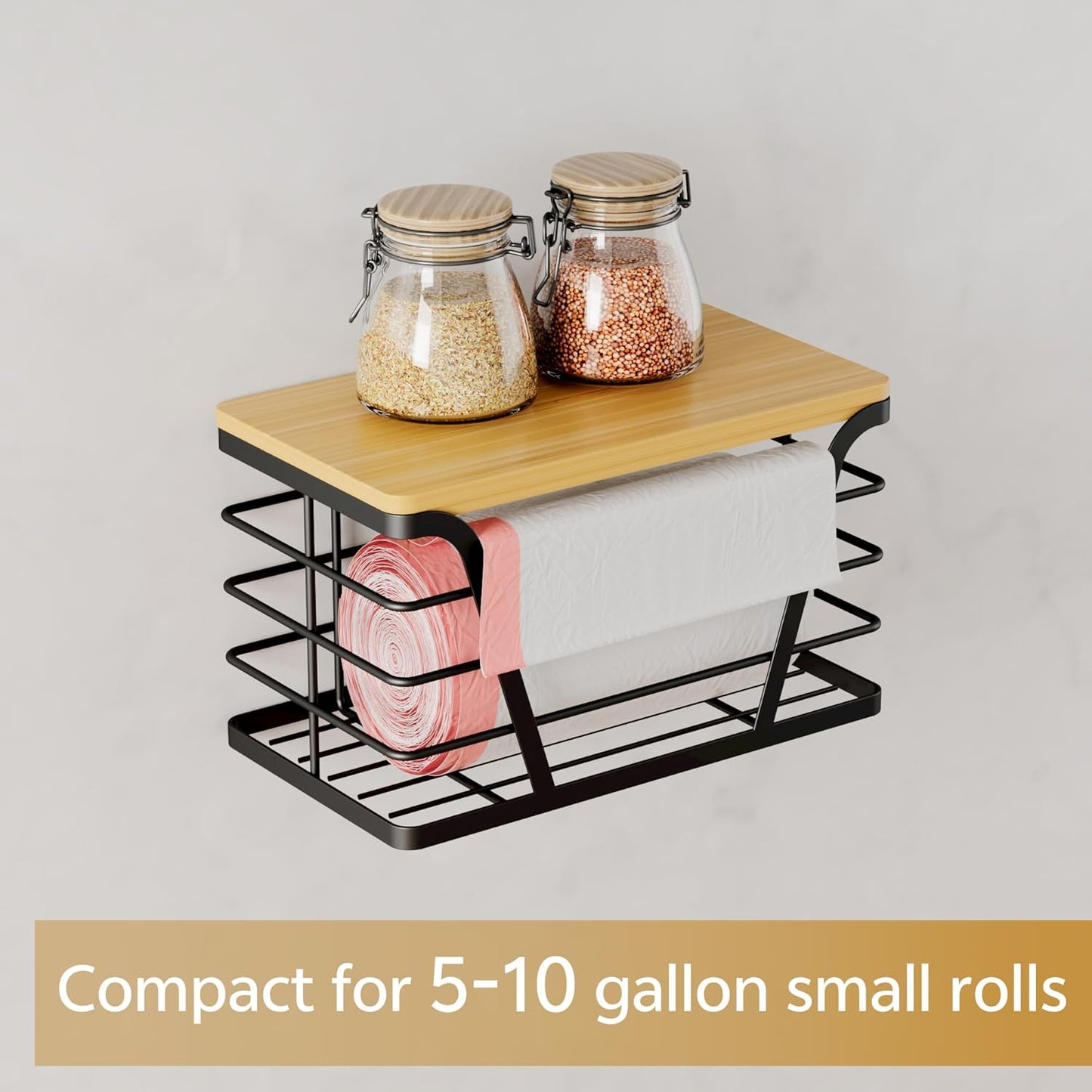 Small Grocery Bag Holder, Trash bag holder with Removable Bamboo Top, Wall Mount, No Drill, Stainless Steel, Black