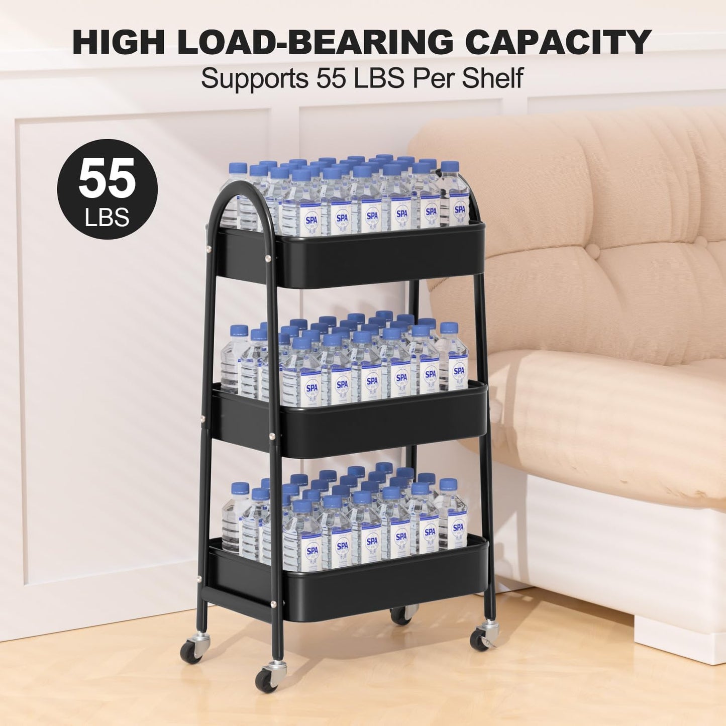 EAGMAK 3 Tier Rolling Cart, Large Metal Storage Cart with Handle and Lockable Wheels, Big Multifunctional Storage Organizer Trolley with Mesh Baskets for Kitchen, Living Room, Office, Garage (Black)