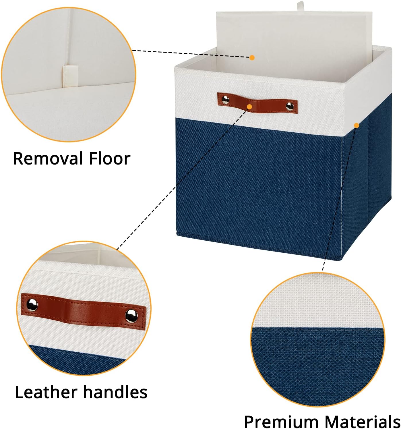 DULLEMELO 13 inch Cube Storage Bins, Gift Baskets Empty for Boy Girl Mother Father Christmas Festival,Fabric Storage Bins Cube Organizer Baskets With Leather Handles(White&Blue-4 Pack)