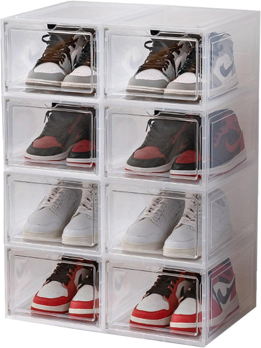 XXL Large Shoe Storage Box, 8 Pack Shoe Boxes Clear Plastic Stackable Fit US 15,Clear Shoe Organizer with Magnetic Door(8 PACK CLEAR)