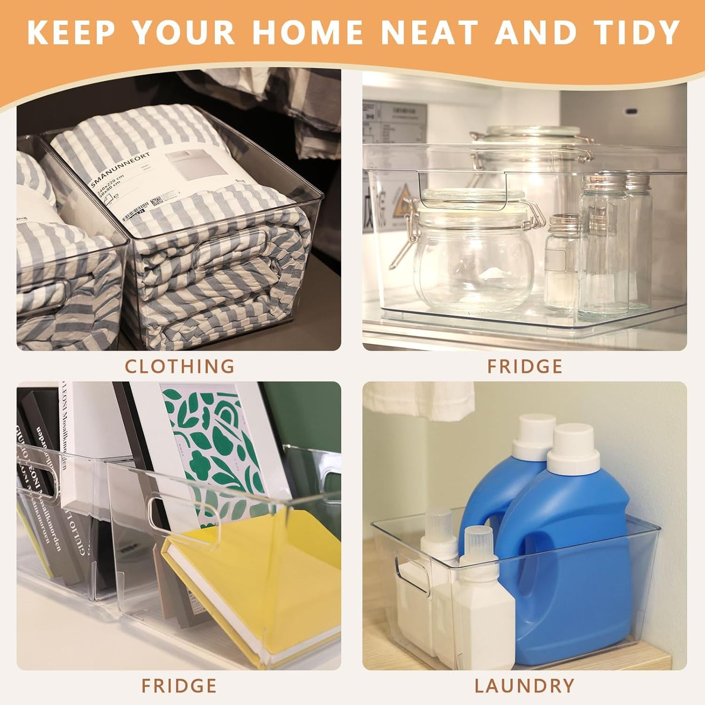 MOONEDGE 4-Pack Clear Plastic Storage Bins — Open-Top PET Organizers and Storage, 11" x 8" x 6" Storage Containers Ideal for Refrigerator, Pantry, Fridge Organization and Countertop Storage