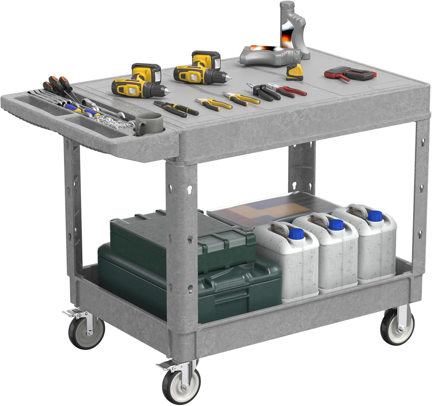 Large Garage Flat Top Utility Cart, Heavy Duty 2 Shelf Tool Cart Service Cart Rolling Push Carts with Ergonomic Handle 5" Swivel Casters.