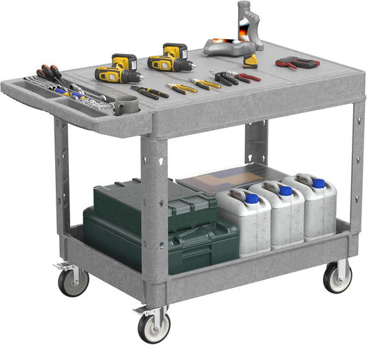 Heavy Duty Flat Top Utility Cart with Wheels 2-Tier Utility Plastic Service Work Cart for Shop, Garage, Warehouse, Maintenance 550 lbs