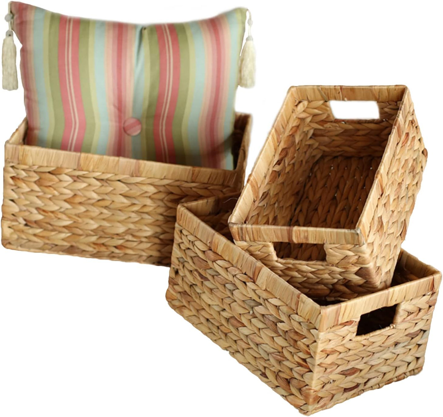 Water Hyacinth Wicker Baskets for Organizing, Rectangular Wicker Baskets with Built-in Handles,3-Pack