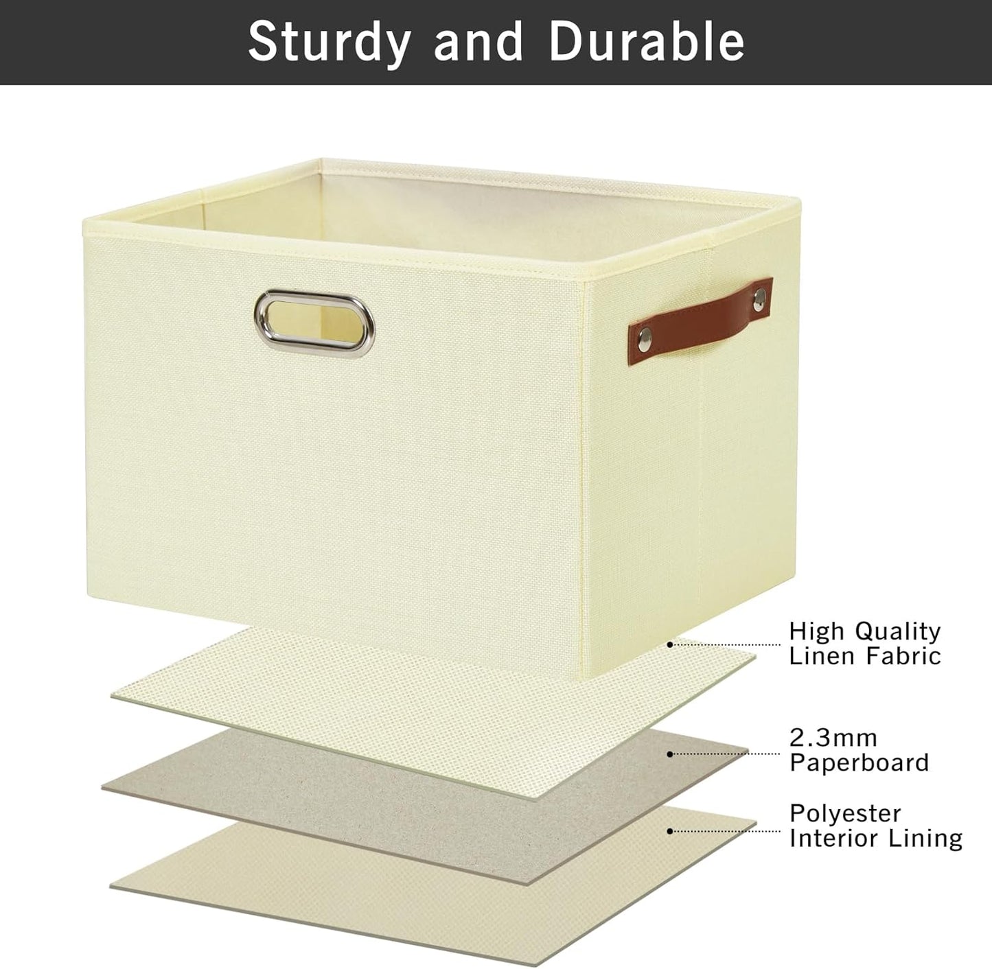 Large 3-Pack Foldable Fabric Storage Bins with Durable PU & Metal Handles, Collapsible Storage Baskets for Shelves, Home Storage, Closet Organizers, Living Room(14.9"x9.8"x9.8", Beige)