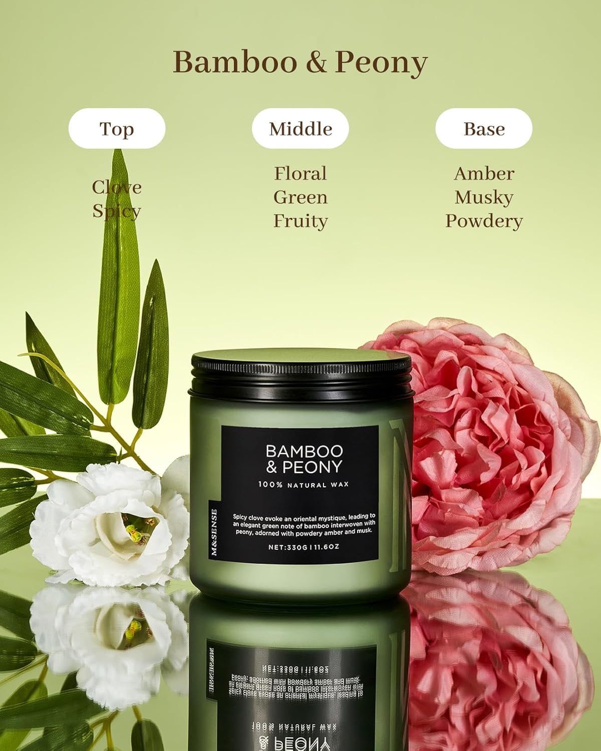 M&SENSE Bamboo Peony Scented Candle, 11.6oz Aromatherapy Jar Candle, 70 Hour Burn Time, Natural Soy Wax Blend, Stress Relief, Home Fragrance